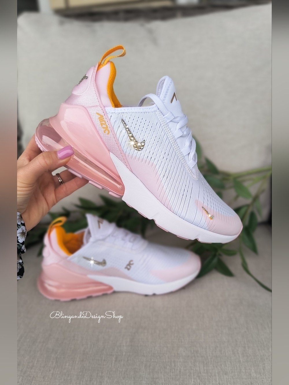 Bling Nike Air Max 270 White Pink Shoes Customized With Crystal Women's